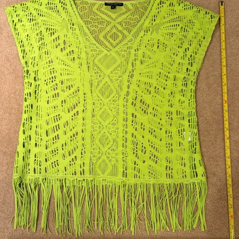Alberto Makali Neon Lime Green Crochet Lace Fringe Knit Top Cover Up Size S Boho